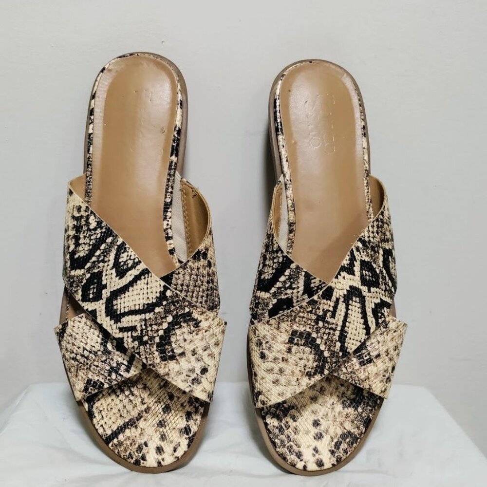 Franco Sarto Snakeskin Print Slip On Crossover Strap Slide Sandal Brown/Cream 10